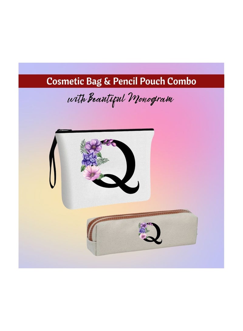PRINTSHOP4ME Initial Monogram Cosmetic Bag And Floral Pencil Pouch-A-Z Letter Monogram Set For Girls&Women-Gift Set For Friends,Daughters Or Coworkers-Ideal For School,Work&Travel - Image 2