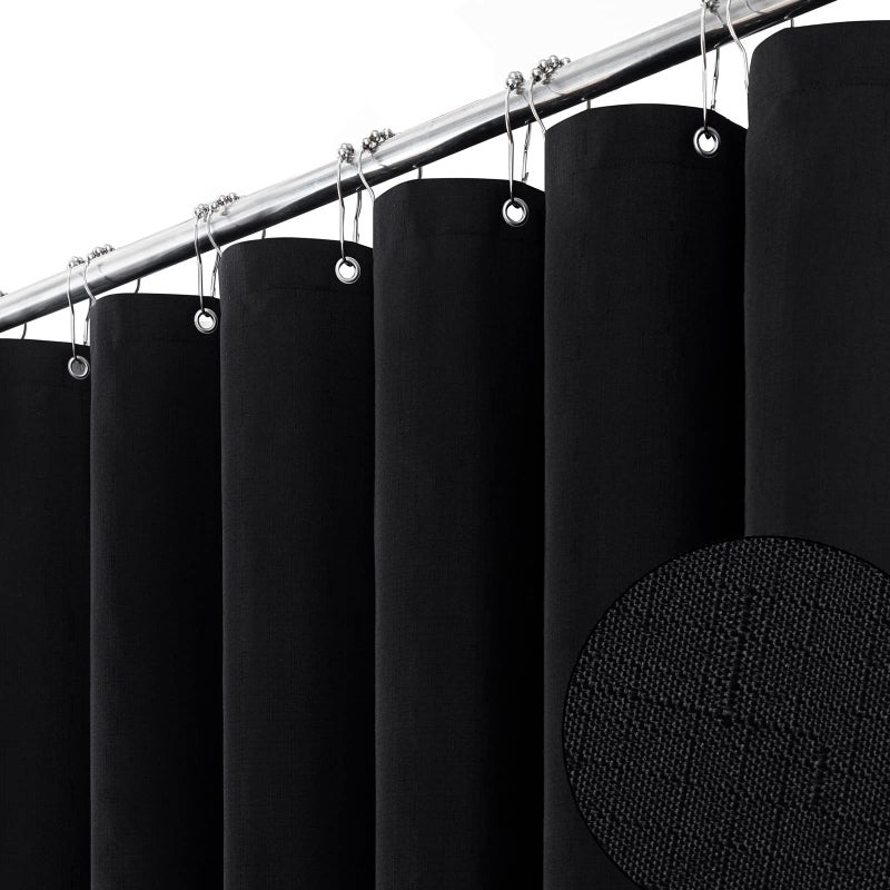 BTTN Black Fabric Shower Curtain - Linen Textured Heavy Duty Cloth Shower Curtain Set with 12 Plastic Hooks  Rust Resistant  Machine Washable  Simple Hotel Spa Luxury Bath Curtains for Bathroom  72x72 - Image 1