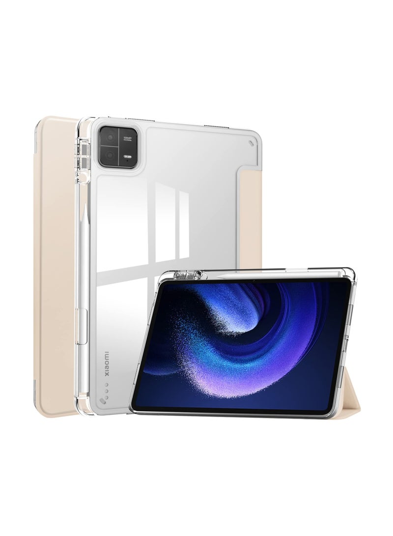 SYOSI Case with Pen Holder for Xiaomi Pad 6 / Pad 6 Pro,  Transparent Hard Shell Back Trifold Smart Cover Protective Slim Case for Xiaomi Mi Pad 6 /Pad 6 Pro 11” 2023 Release (Apricot) - Image 1