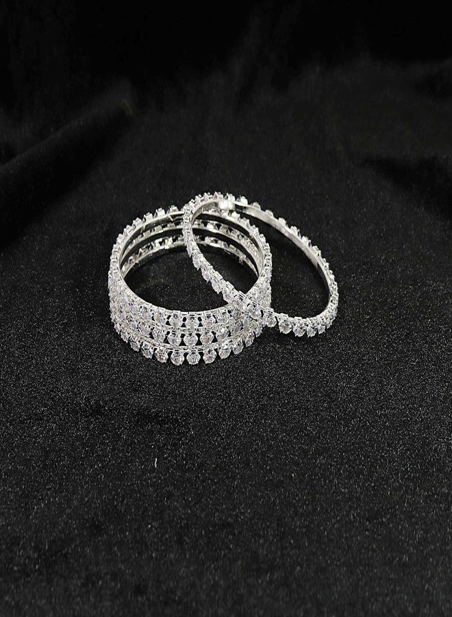 LAVAZZA Gold Plated Metal CZ American Diamond Bangles For Women & Girls | Premium AD Bangles Set | Diamond Kada For Women | White Stone Bangles Set | Traditional Women's Bangles-(RKM2-Silver-2.6) - Image 5