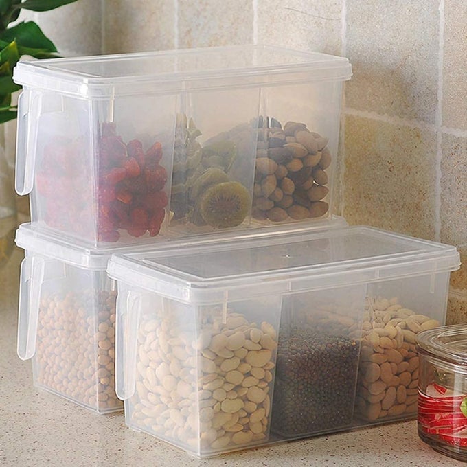 SPACE SAVER PLASTIC FRIDGE SQUARE HANDLE FOOD STORAGE ORGANIZER BOXES WITH LID HANDLE AND 3 SMALLER BINS PACK OF 1 CLEAR