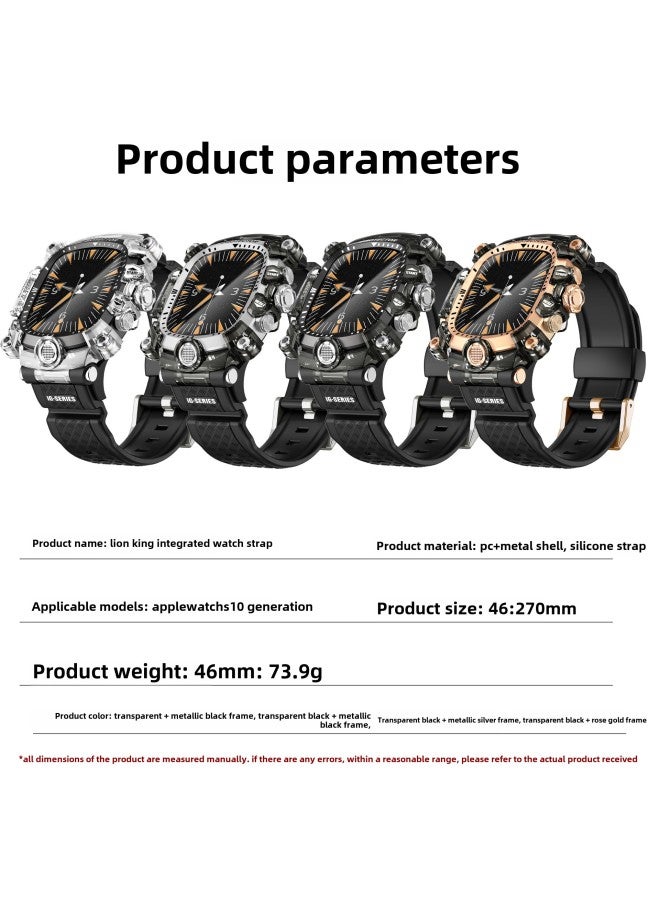 For Apple Watch Integrated Strap 46MM Modified IwatchS10 Generation Metal Case Silicone Strap Cross Border-Color:46mm Transparent Black + Metallic Black Frame