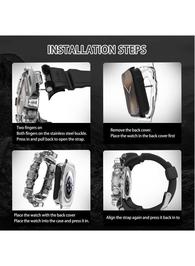 For Apple Watch Integrated Strap 46MM Modified IwatchS10 Generation Metal Case Silicone Strap Cross Border-Color:46mm Transparent Black + Metallic Black Frame