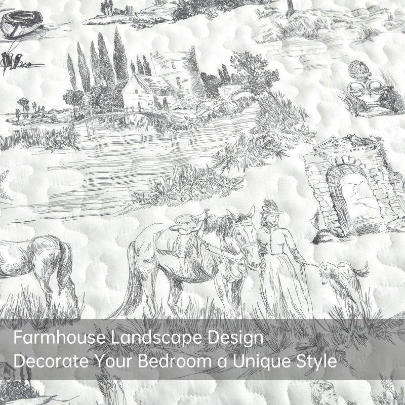 Drucon Grey Farmhouse Quilt Set Queen Size, Toile Rustic Bedspreads, 3 Pieces Village Landscape Printed Coverlet, Soft Microfiber Quilt Bedding Set for All Season (96x90 Inch) - Image 4