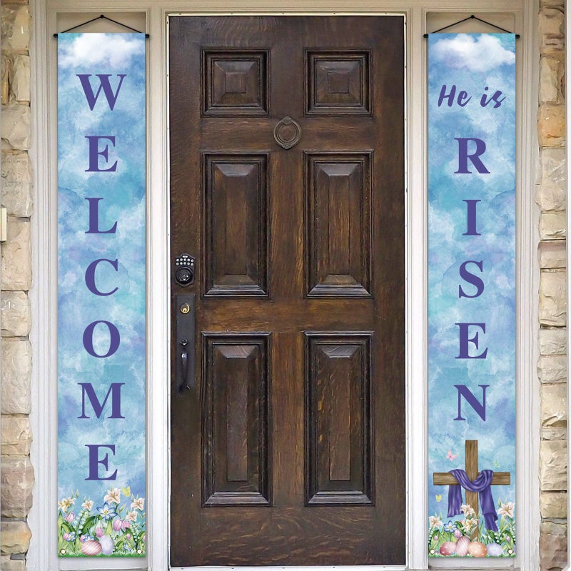 Pudodo He is Risen Porch Banner Easter Christian Cross Resurrection Religious Holiday Front Door Sign Wall Hanging Party Decoration