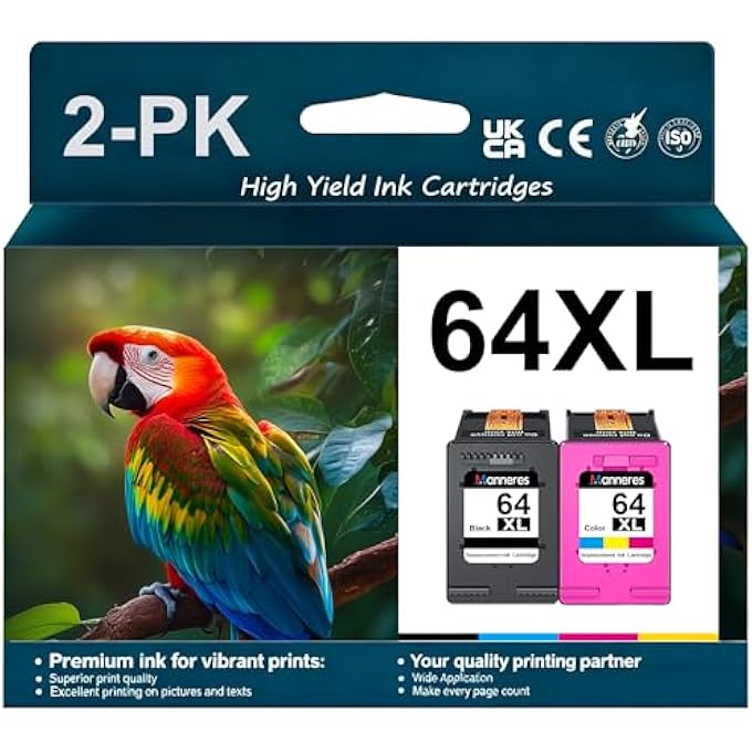 64XL INK CARTRIDGE COMBO PACK REPLACEMENT FOR HP INK 64 XL USE FOR ENVY PHOTO 7855 7858 6252 6255 7800 7100 7120 7155 7158 TANGO SERIES PRINTER (BLACK/COLOR, 2 PACK) - Image 1