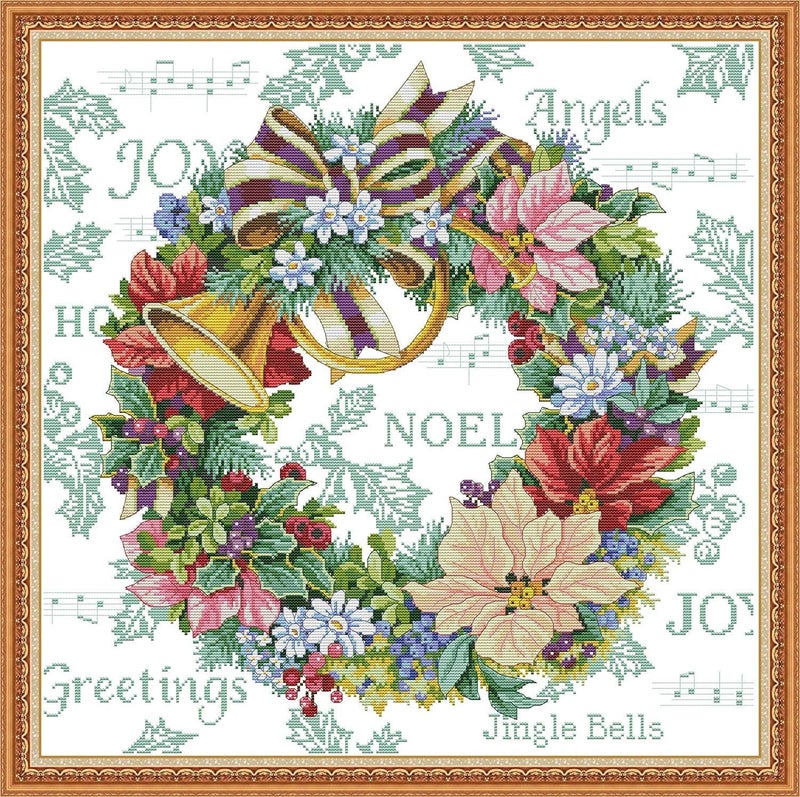 ITSTITCH Printed Cross Stitch Kits 11CT 27X27 inch DIY Embroidery Starter Kits Easy Patterns Embroidery for Girls Crafts DMC Stamped Cross-Stitch Supplies Needlework Honliday Wreath - Image 1