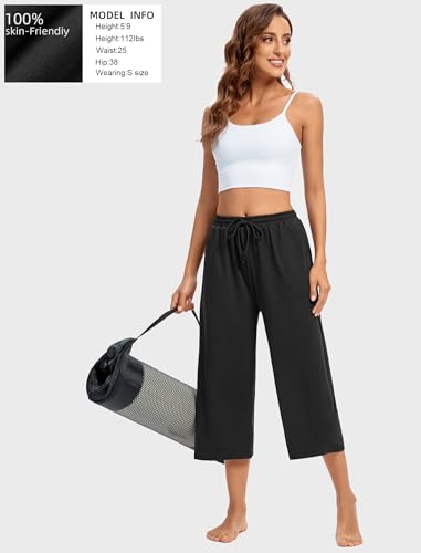 Annenmy Wide Leg Pants for Women Capris High Waisted Womens Yoga Pants Ladies Sports Joggers Running Sweatpants Comfy Drawstring for Women with Pockets Gym Workout Shorts Black L - Image 2