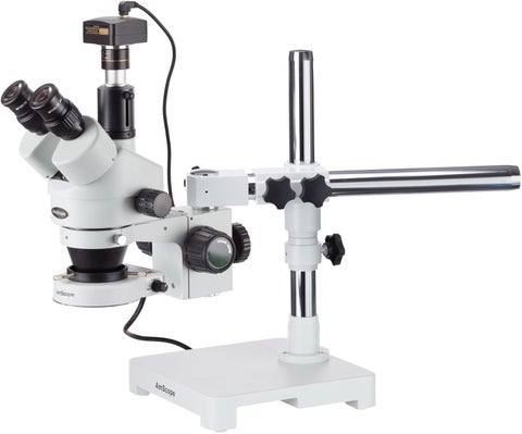 AmScope SM3T80SM Digital Professional Trinocular Stereo Zoom Microscope WH10x Eyepieces 7X45X Magnification 07X45X Zoom Objective 80Bulb LED Ring Light SingleArm Boom Stand 90V265V Includes 13MP Camera with Reduction Lens and Software