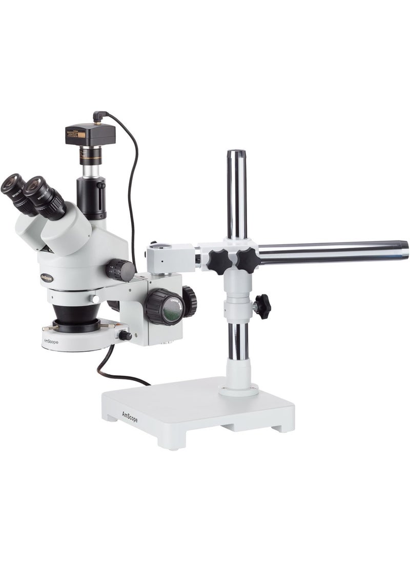 AmScope AmScope SM3T80SM Digital Professional Trinocular Stereo Zoom Microscope WH10x Eyepieces 7X45X Magnification 07X45X Zoom Objective 80Bulb LED Ring Light SingleArm Boom Stand 90V265V Includes 13MP Camera with Reduction Lens and Software  - Image 1