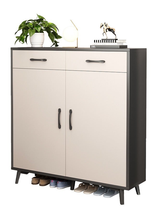 اليسا خزانة أحذية عصرية ببابين ودرجين - مرتفعة على أرجل معدنية، أرفف قابلة للتعديل، مُجمّعة بشكل مسطح، أبعادها ١٠٨ سم ارتفاعًا × ١٠٠ سم عرضًا × ٣٢ سم عمقًا - Image 1