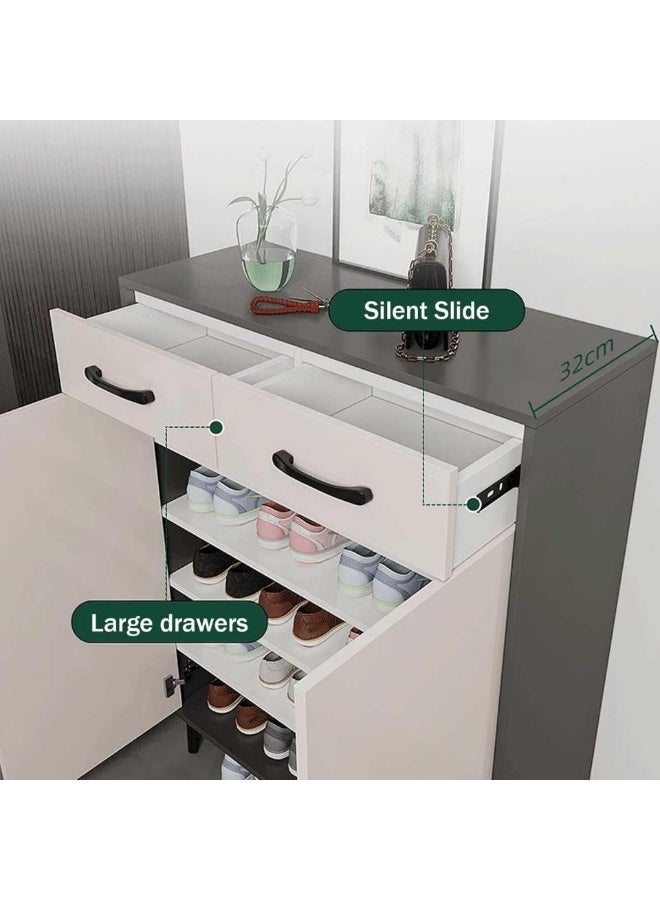 اليسا خزانة أحذية عصرية ببابين ودرجين - مرتفعة على أرجل معدنية، أرفف قابلة للتعديل، مُجمّعة بشكل مسطح، أبعادها ١٠٨ سم ارتفاعًا × ١٠٠ سم عرضًا × ٣٢ سم عمقًا - Image 2