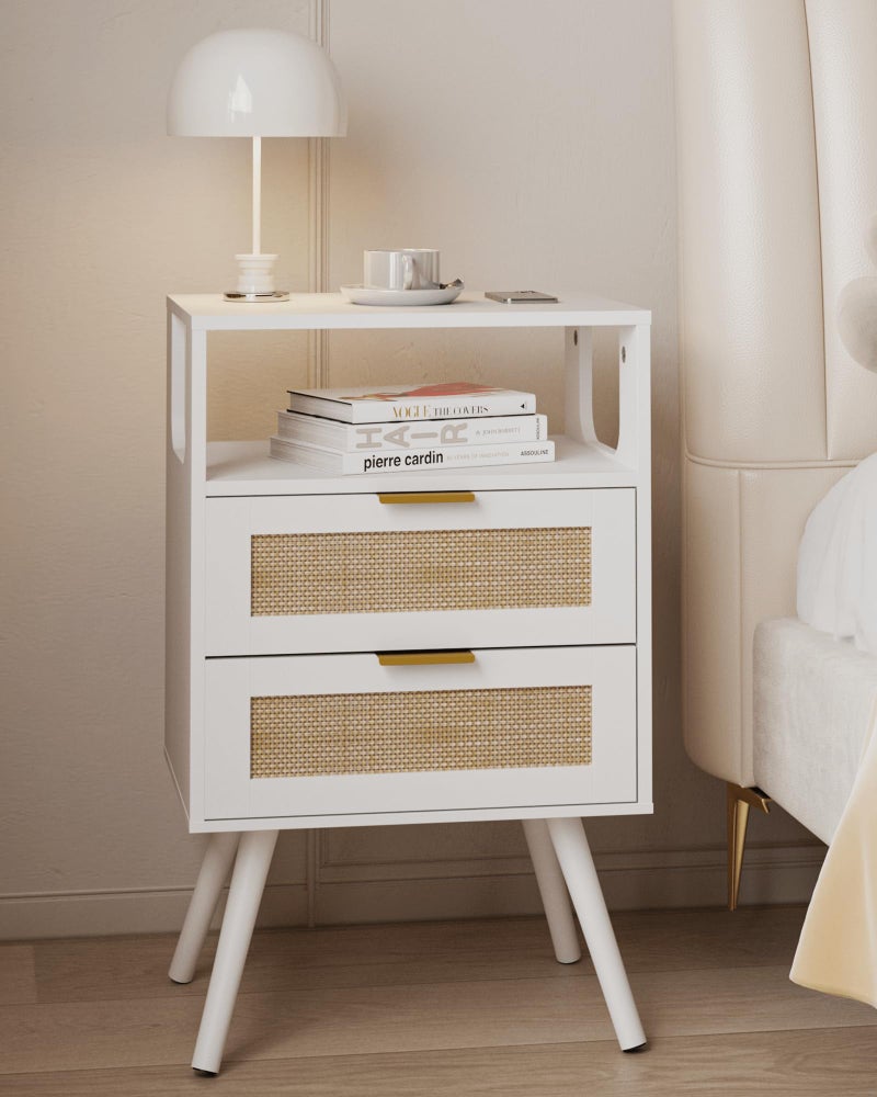 JOONEE Rattan Nightstand,Farmhouse Bedside Table with 2 Storage Drawer and Open Wood Shelf, for Bedroom and Small Spaces,Night Stand with Solid Wood Legs (White) - Image 1