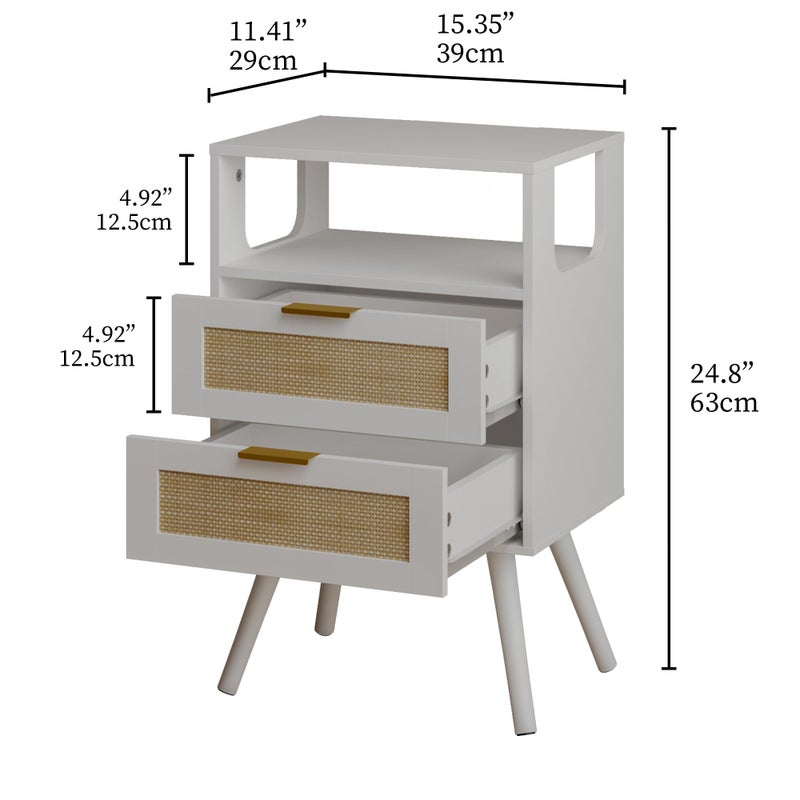 JOONEE Rattan Nightstand,Farmhouse Bedside Table with 2 Storage Drawer and Open Wood Shelf, for Bedroom and Small Spaces,Night Stand with Solid Wood Legs (White) - Image 2