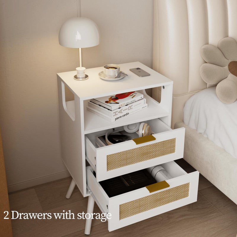 JOONEE Rattan Nightstand,Farmhouse Bedside Table with 2 Storage Drawer and Open Wood Shelf, for Bedroom and Small Spaces,Night Stand with Solid Wood Legs (White) - Image 5
