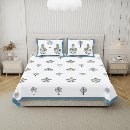 DE CAMA Since 1997 | 100% Cotton 300 TC Premium King Size Bedsheet for Double Bed (90 x 108 Inch) with 2 Pillow Covers Set (17 x 27 Inch) Designer Printed Bedsheet Set - Palm Tree Blue - Image 2