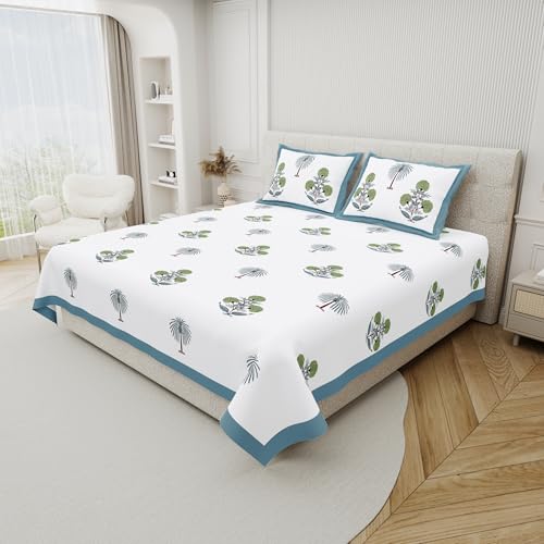 DE CAMA Since 1997 | 100% Cotton 300 TC Premium King Size Bedsheet for Double Bed (90 x 108 Inch) with 2 Pillow Covers Set (17 x 27 Inch) Designer Printed Bedsheet Set - Palm Tree Blue - Image 3