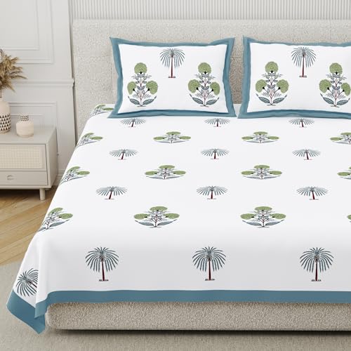 DE CAMA Since 1997 | 100% Cotton 300 TC Premium King Size Bedsheet for Double Bed (90 x 108 Inch) with 2 Pillow Covers Set (17 x 27 Inch) Designer Printed Bedsheet Set - Palm Tree Blue - Image 1