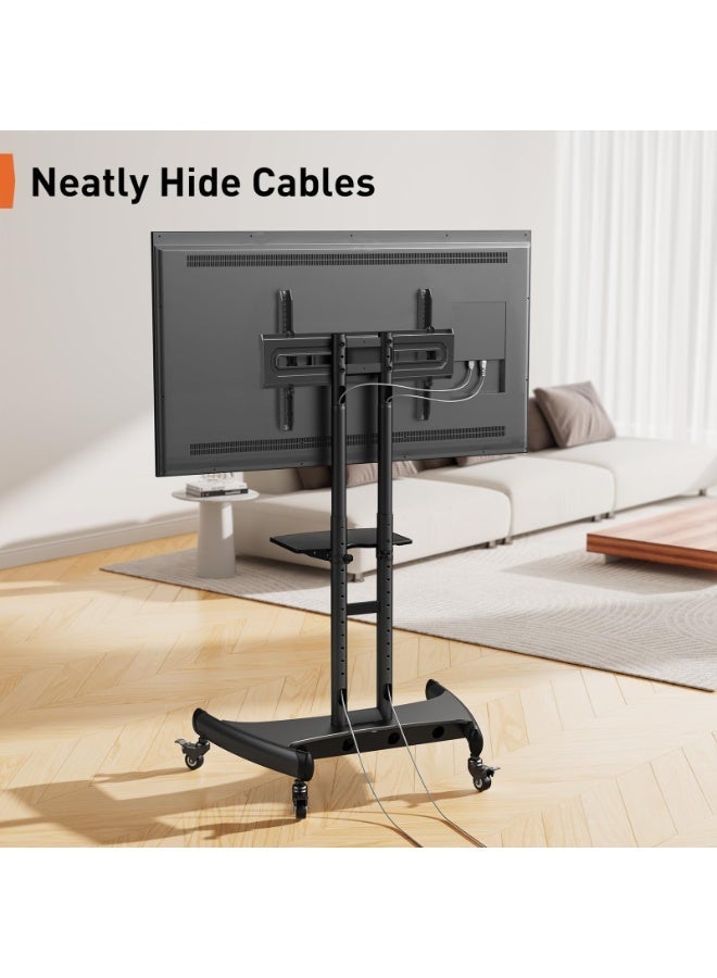 Aztech Rolling TV Stand for 32-75 Inch Flat/Curved LED/LCD/OLED TVs, Outdoor Mobile TV Carts on Wheels with Adjustable Shelf, VESA 600x400mm up to 100lbs, Portable Mount with Wheels - Image 2