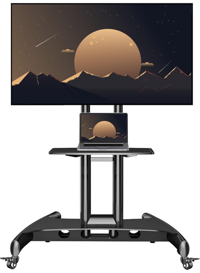 Aztech Rolling TV Stand for 32-75 Inch Flat/Curved LED/LCD/OLED TVs, Outdoor Mobile TV Carts on Wheels with Adjustable Shelf, VESA 600x400mm up to 100lbs, Portable Mount with Wheels - Image 1