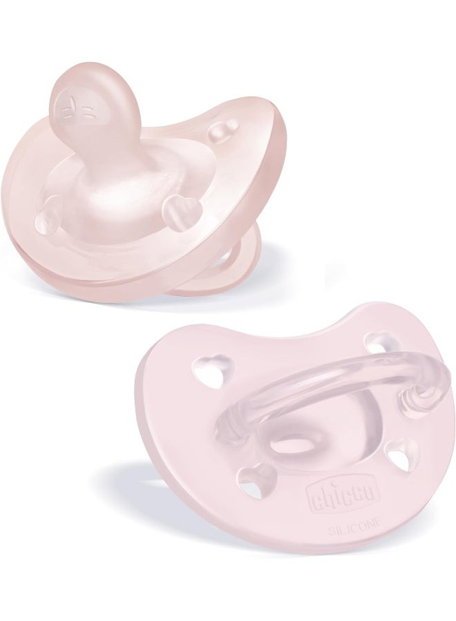Chicco شيكو فيزيوفورما مصاصة من قطعة واحدة 100% سيليكون ناعم للأطفال من 0-6 أشهر | خالية من BPA واللاتكس | علبة قابلة لإعادة الاستخدام | وردي فاتح، 2 حبة - Image 1