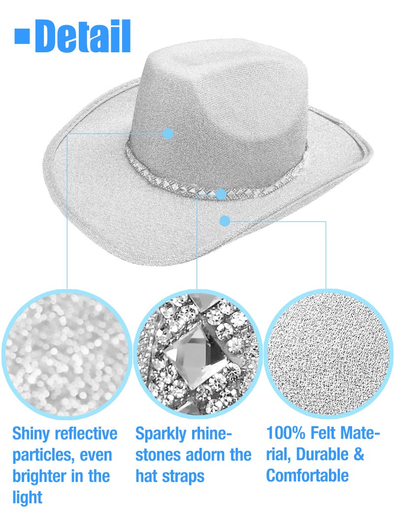 DAJOOEE Cowgirl Hat with Heart Sunglasses Glitter Cowboy Hat for Women Cosplay Bachelor Party Costume Hats (Silvery) - Image 3