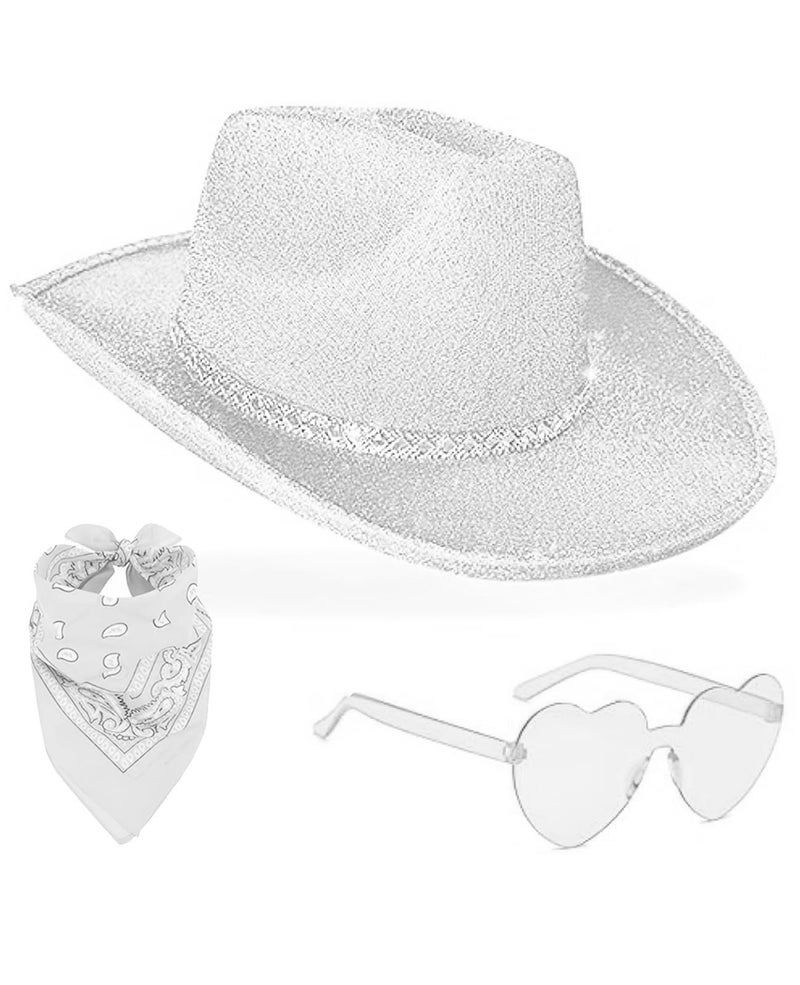 DAJOOEE Cowgirl Hat with Heart Sunglasses Glitter Cowboy Hat for Women Cosplay Bachelor Party Costume Hats (Silvery) - Image 1