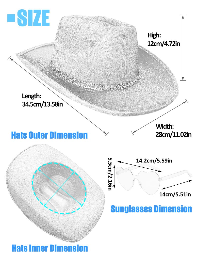 DAJOOEE Cowgirl Hat with Heart Sunglasses Glitter Cowboy Hat for Women Cosplay Bachelor Party Costume Hats (Silvery) - Image 2