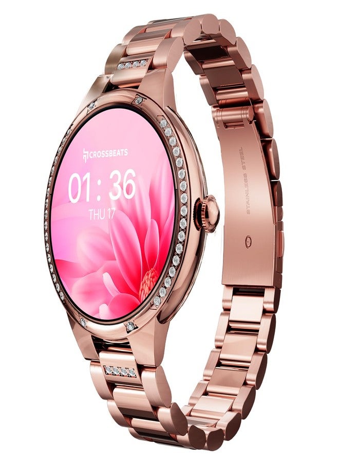 CrossBeats Diva 1.28” Stylish Smart Watch for Women with Stone Studded Bezel| Amoled Display | Female Health Tracker | 100+Sports Modes| Premium Metal Smartwatch with Wireless Charging - (Rose Gold) - Image 1