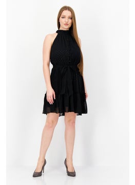 Women Lace-Trim Belted Halter Mini Dress, Black