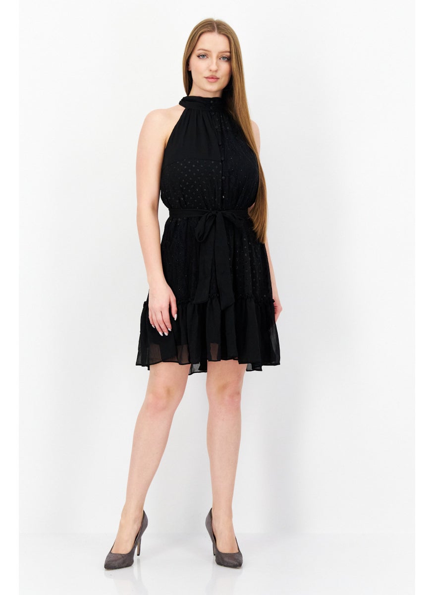 Taylor - Women Lace-Trim Belted Halter Mini Dress, Black - Image 1