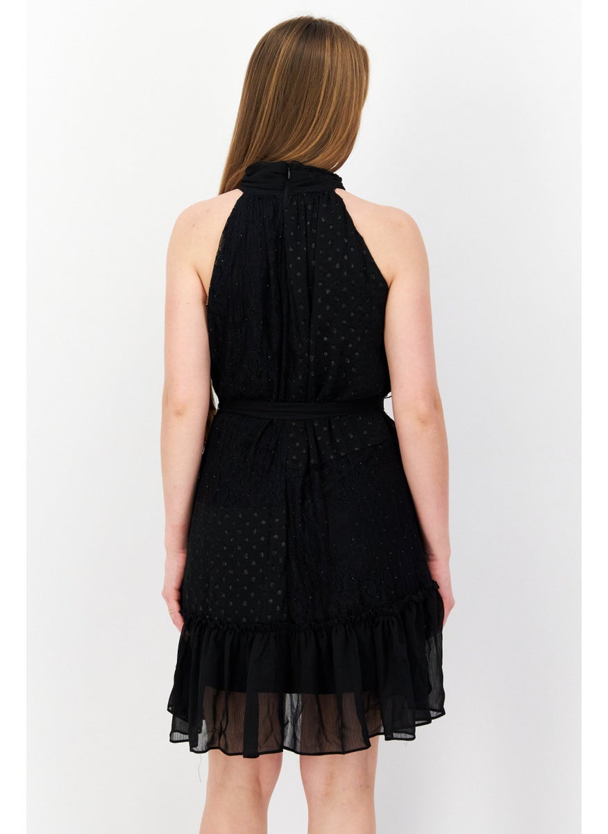Taylor - Women Lace-Trim Belted Halter Mini Dress, Black - Image 1