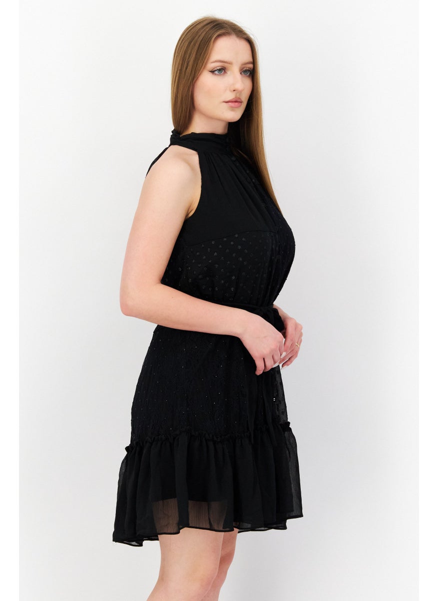 Taylor - Women Lace-Trim Belted Halter Mini Dress, Black - Image 1