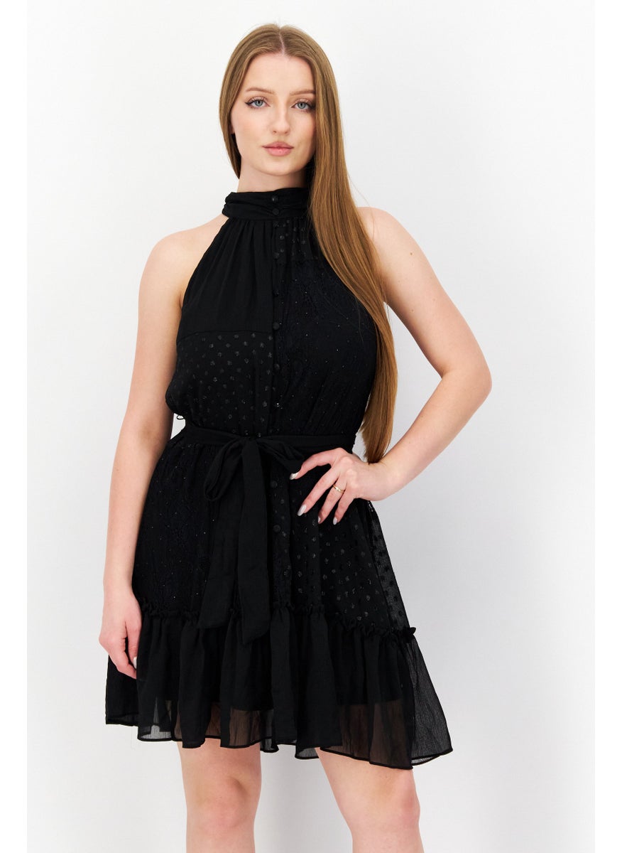 Taylor - Women Lace-Trim Belted Halter Mini Dress, Black - Image 1