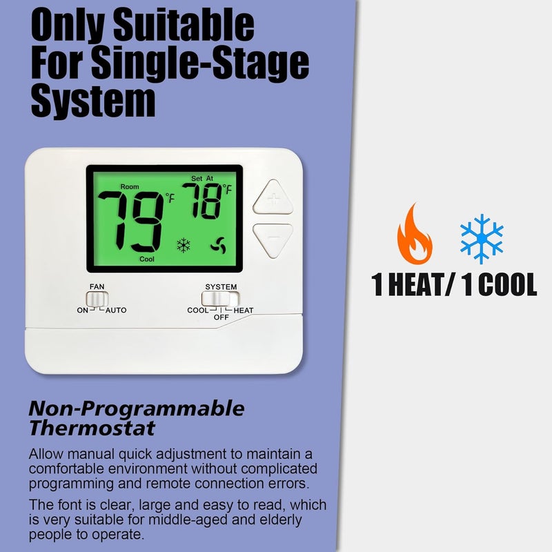 Heagstat Non-Programmable Thermostats for Home Conventional Single-Stage Systems, up to 1 Heat/ 1 Cool (with Green Backlight) - Image 2