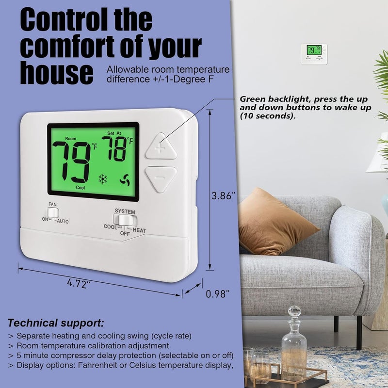 Heagstat Non-Programmable Thermostats for Home Conventional Single-Stage Systems, up to 1 Heat/ 1 Cool (with Green Backlight) - Image 3