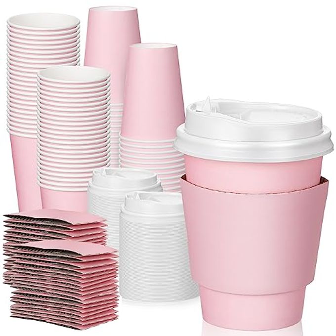 Patelai 100 Pcs 12 oz Disposable Coffee Cups with Lids and Sleeves Bulk, Insulated Hot Chocolate Paper Cup for Hot and Cold Beverage Water Juice Cocoa Tea Party Restaurants Travel Supplies (Pink)