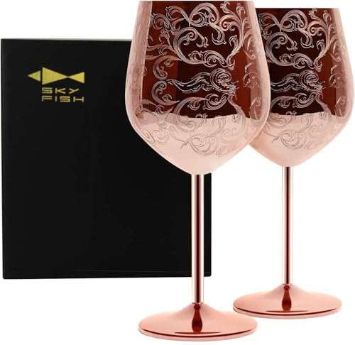 Skyfish Sky Fish Etched Stainless Steel Wine Glasses With Copper Plated,Set of 2(17oz) Wine Goblets - Image 1