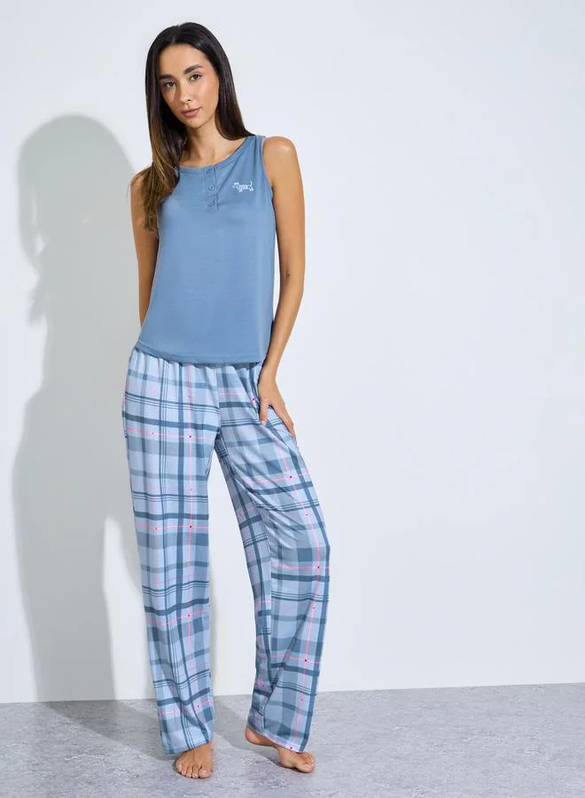 ستايلي Blue Placket Tank and Checked Pyjama Set