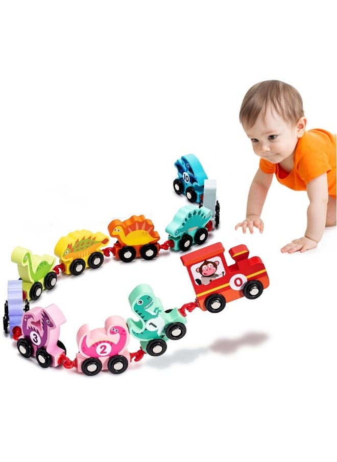 11 PCS Toy Cars for 1 2 3 Year Old Boy Girls Gifts, with Wooden Dinosaur Train Cars with Numbers,Educational Toy Train Set for 2 3 4 Year Old Birthday Gifts Baby Toys 12 18 Months for Infant Toddler  - Image 1