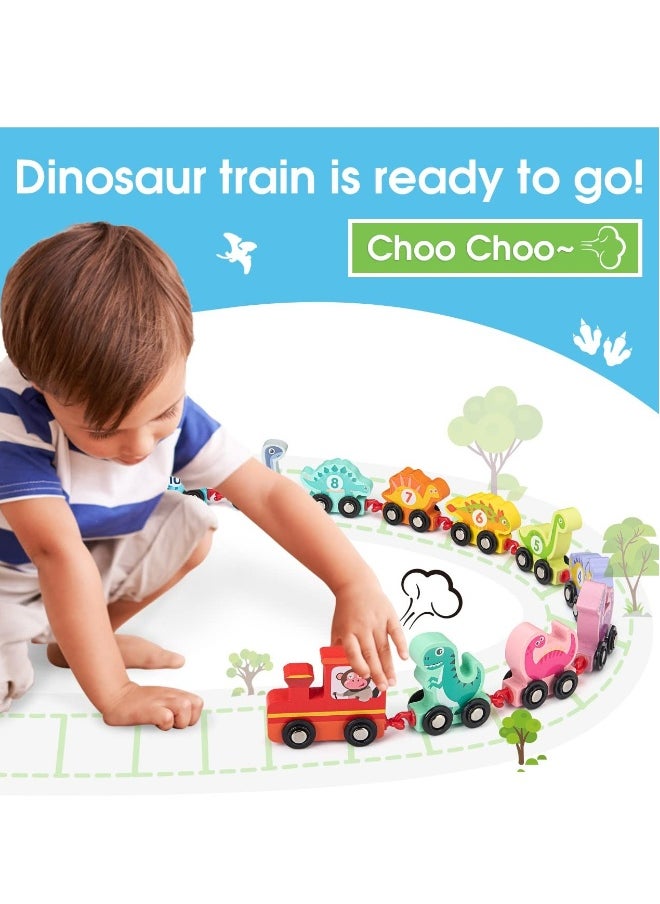 11 PCS Toy Cars for 1 2 3 Year Old Boy Girls Gifts, with Wooden Dinosaur Train Cars with Numbers,Educational Toy Train Set for 2 3 4 Year Old Birthday Gifts Baby Toys 12 18 Months for Infant Toddler  - Image 2