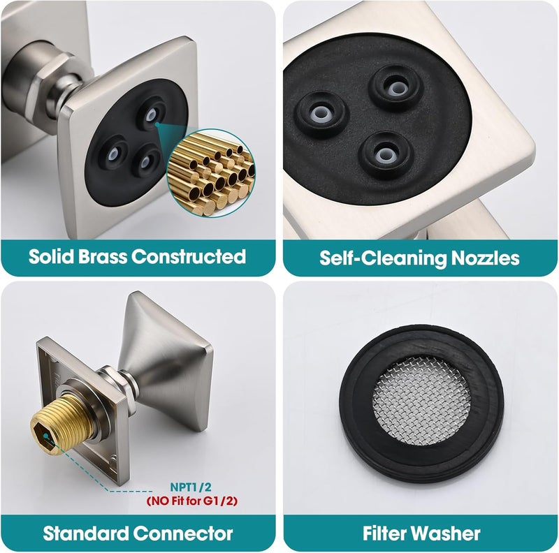 LOCALAND Solid Brass Shower Body Spray Jets, High Pressure Body Jets for Shower, Square Shower Massage Spray Jets, Upgrade Body Shower Jets, Wall Mount Spa Jets for Shower, 4PCS, Brushed Nickel - Image 5