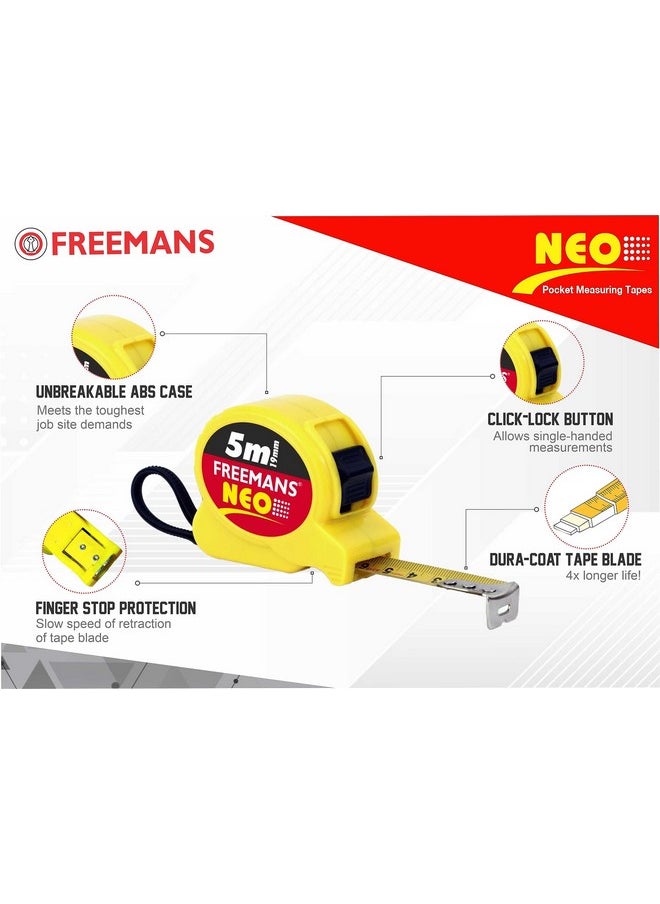 FREEMANS FREEMANS NEO 5m:19mm Steel Inchi Pocket Measuring Tape with Unbreakable ABS Case, Click-Action Front Lock, Finger Stop Protection, Hand Strap and Belt Clip  - Image 2