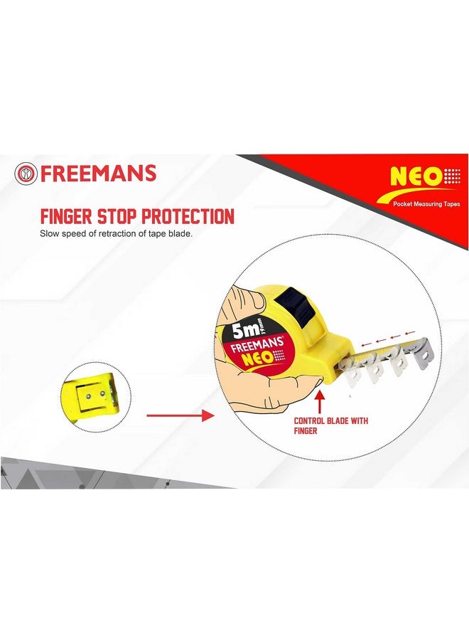 FREEMANS FREEMANS NEO 5m:19mm Steel Inchi Pocket Measuring Tape with Unbreakable ABS Case, Click-Action Front Lock, Finger Stop Protection, Hand Strap and Belt Clip  - Image 3