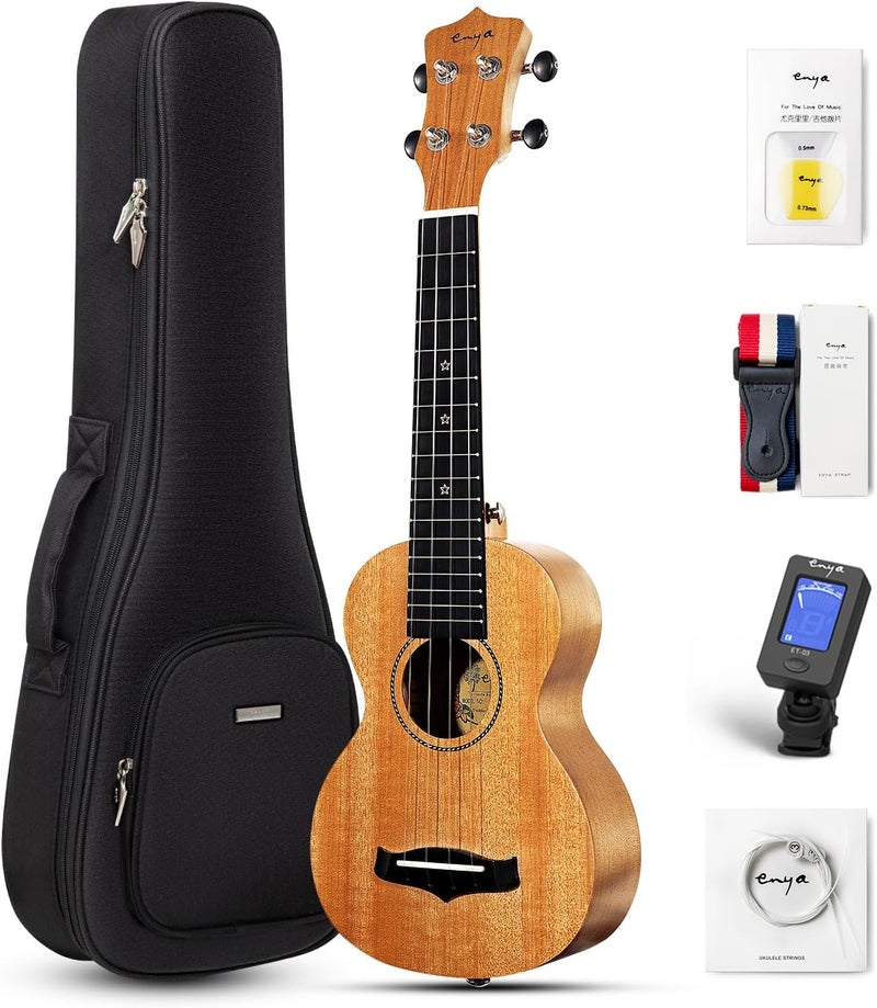 enya Soprano Ukulele 21" Solid Mahogany Top Ukelele Beginner Kit with Online Lesson, Case, Tuner, Strap, Strings, Pick (EUS-25D) - Image 1