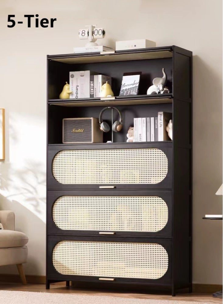 كوتيس رف عرض منظم للكتب ورف كتب قائم بذاته عالي السعة من 5 طبقات مع باب للمنزل والمكتب مصنوع من الخيزران باللونين الأسود والأبيض 100x32x170 سم - Image 1