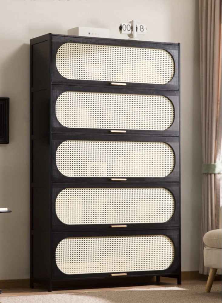 كوتيس رف عرض منظم للكتب ورف كتب قائم بذاته عالي السعة من 5 طبقات مع باب للمنزل والمكتب مصنوع من الخيزران باللونين الأسود والأبيض 100x32x170 سم - Image 3