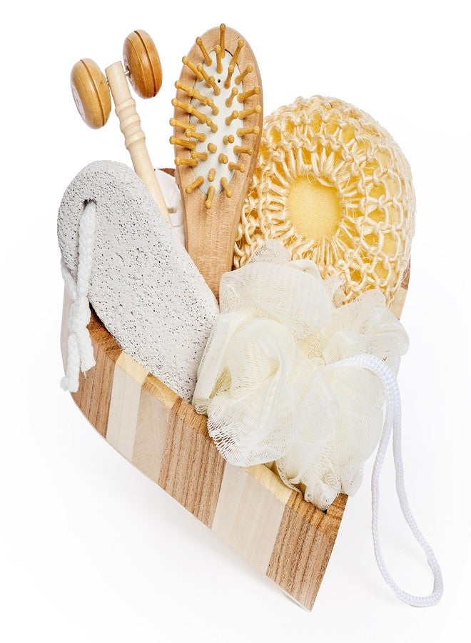 Bella Ciao 6-Piece Body and Skincare Set, Women’s Beauty Travel Basket, Spa Gift Set, Bath Accessories, Includes Face Massage Roller, Hair Brush, Exfoliation Tools, and Decorative Wooden Tray - Image 1