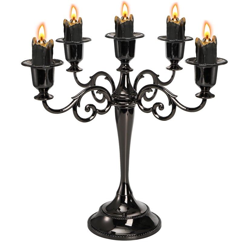 YOUEON 5 Arm Black Candelabra Candelabra Candle Holder 10 Inch Tall Candlesticks Holder Elegant Taper Candle Holder Centerpiece for Wedding Church Halloween Dining Home Decor