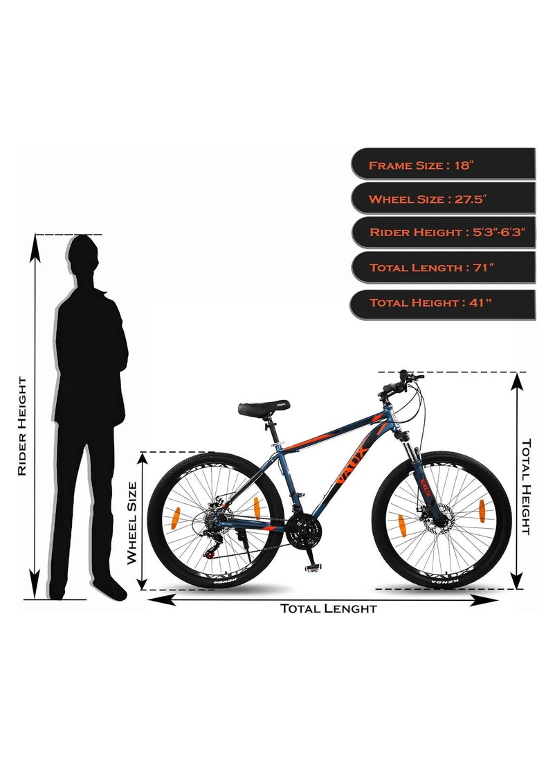 Vaux دراجة Vaux X-Mount Gear Cycle للرجال مقاس 27.5T بإطار من سبائك الألومنيوم وفرامل قرصية - دراجة جبلية متعددة السرعات للبالغين مع 21 ترسًا من شيمانو - نظام تعليق قابل للقفل - إطارات Kenda - أزرق  - Image 2